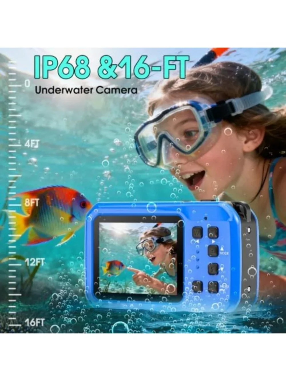 4K Waterproof Underwater Camera, 64MP Compact, 16FT Depth, 16GB Card Included